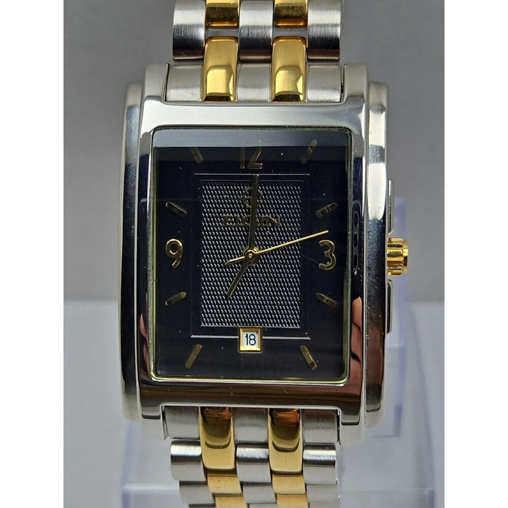 Vintage Elgin Mens Tank Watch Black Dial Two Tone Formal Date Quartz New Battery